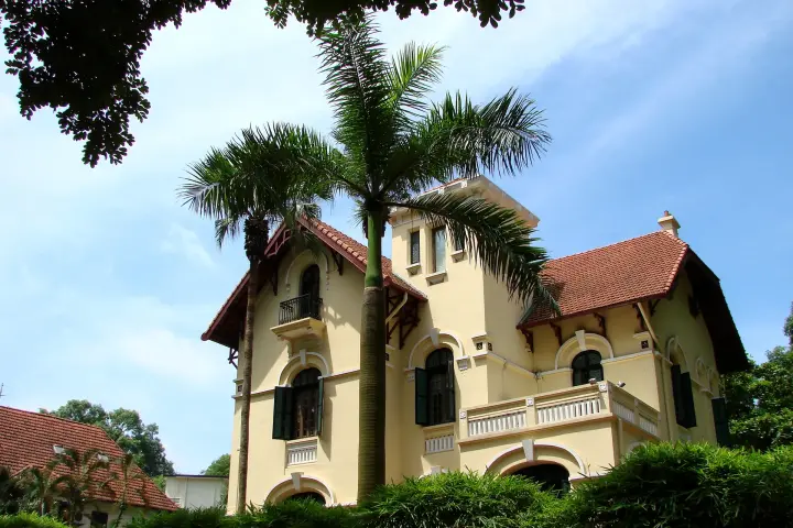 A yellow French colonial villa in Hanoi