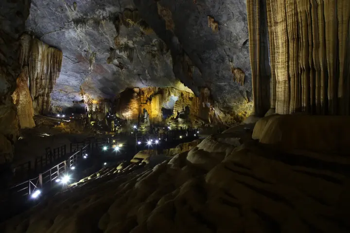 Lit walkway inside Paradise Cave, Phong Nha